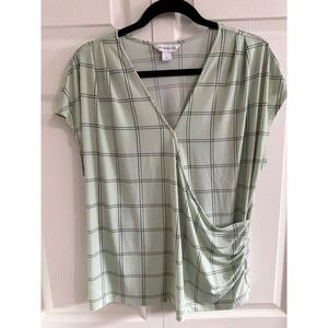 Liz Claiborne Women's Light Green Plaid V Neck Short Sleeve Wrap Top Size L